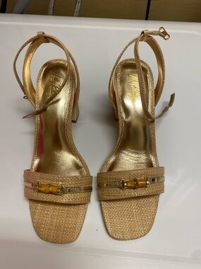 Lilly Pulitzer Metallic Gold Braided Strap Block Heel Sandals